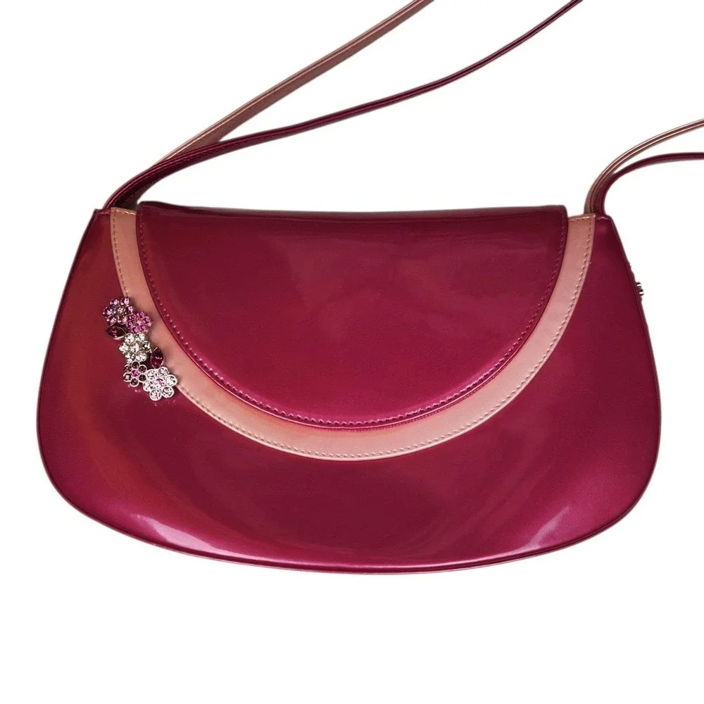Stuart Weitzman Y2K 90s Shoulder Bag Purse Patent Leather Pink Rhinestone Spain